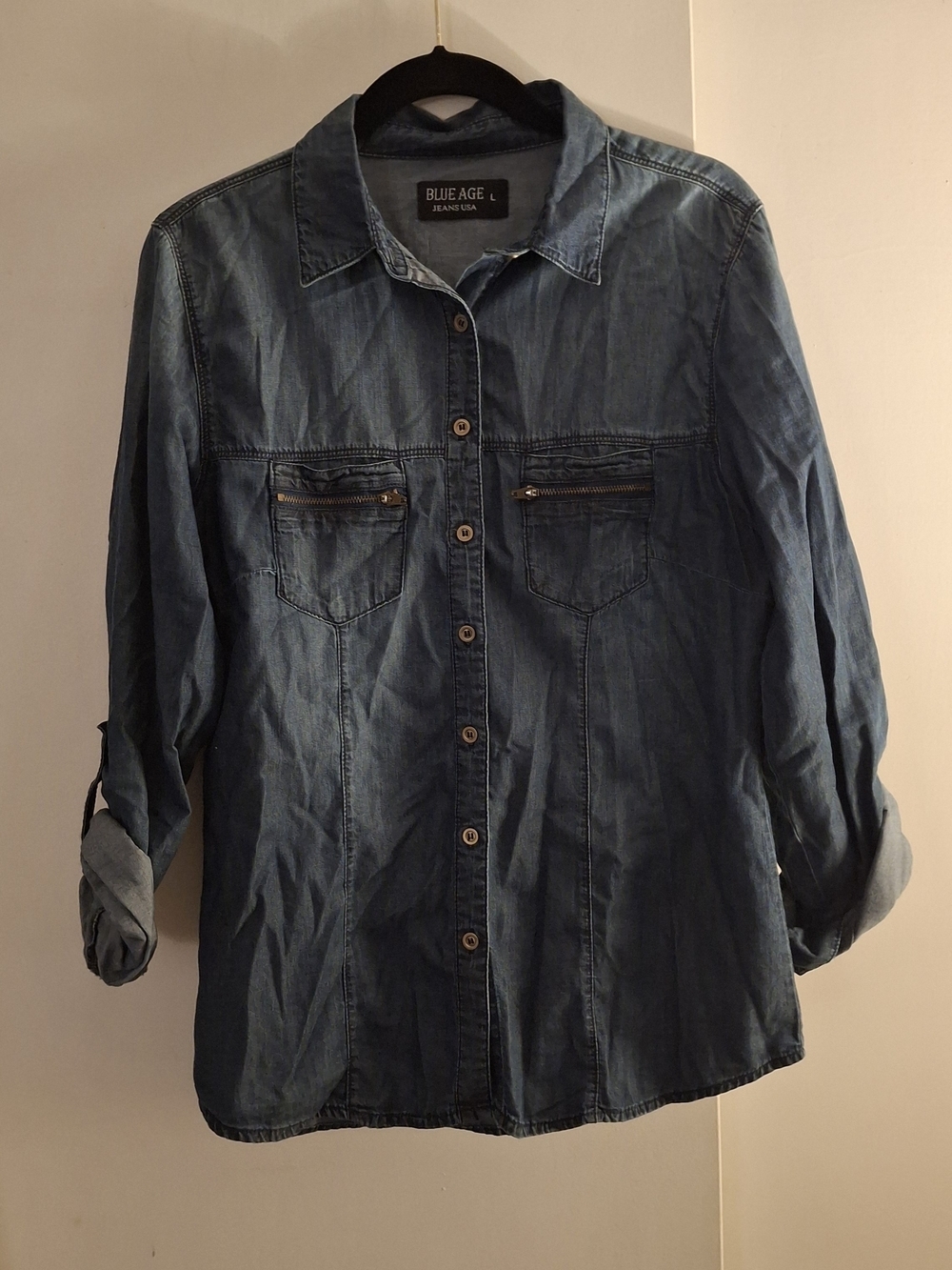 BLUE AGE Women's Denim Button-Up Shirt - Medium Wash Blue